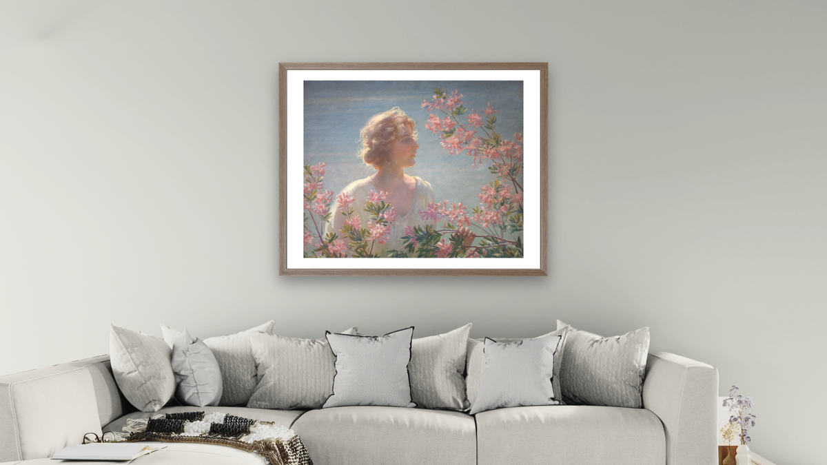 The Breath of the Wild Azalea by Charles Courtney Curran, shown at 32 × 40 in (81.3 × 101.6 cm) in Arber Light Walnut, living