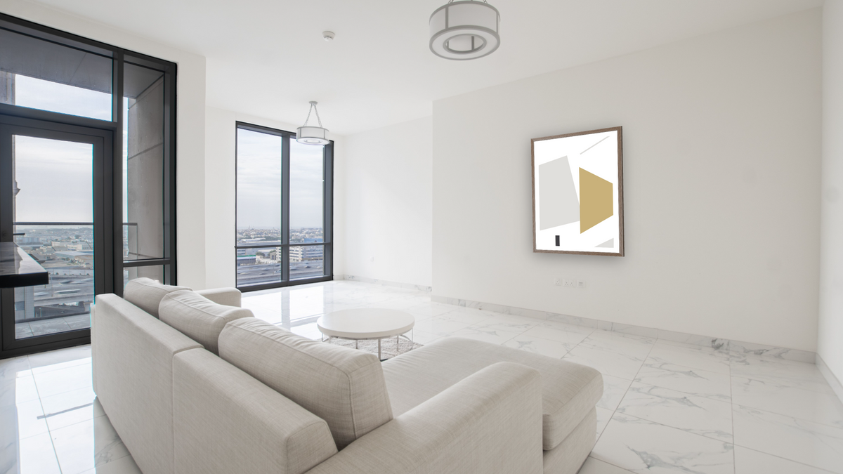 Geo Shapes 1 by Dan Hobday, shown at 30 × 42 in (76.2 × 106.7 cm) in Arber Light Walnut, living