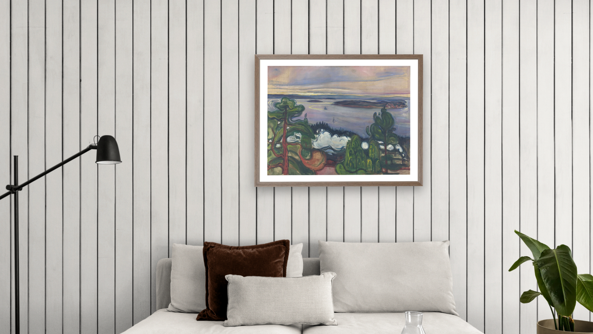 Train Smoke by Edvard Munch, shown at 30 × 40 in (76.2 × 101.6 cm) in Arber Light Walnut, living