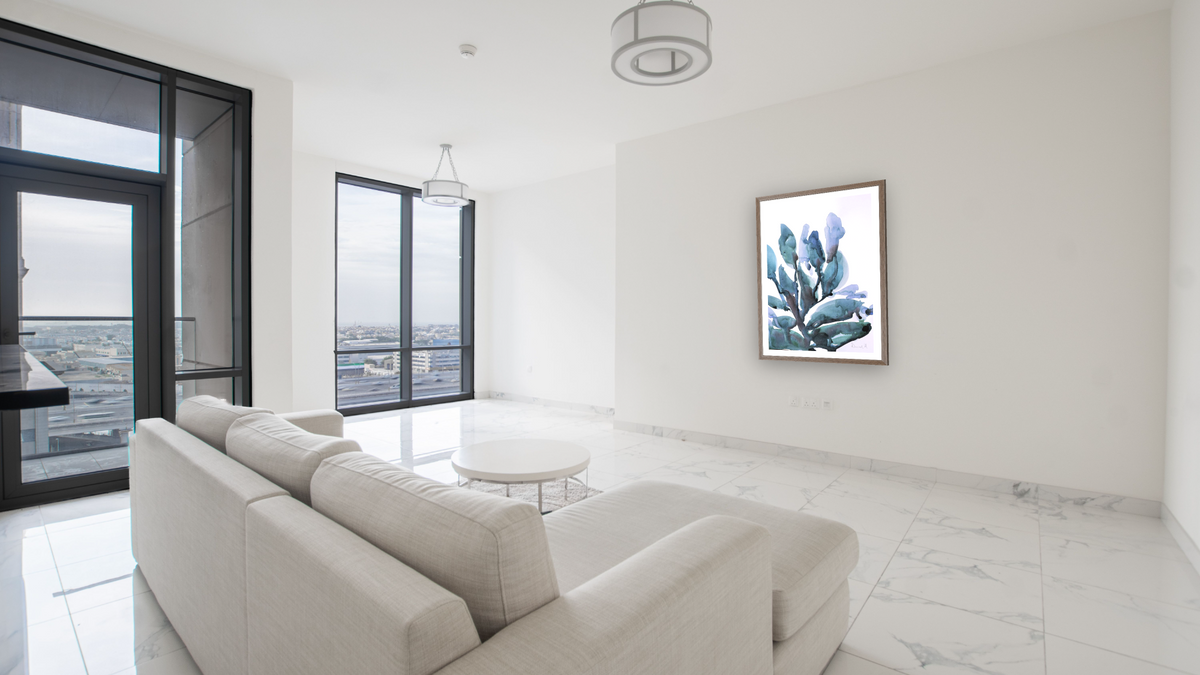 Blue Plant by Dan Hobday, shown at 30 × 42 in (76.2 × 106.7 cm) in Arber Light Walnut, living
