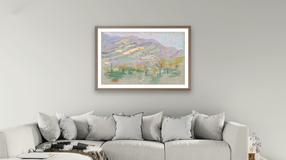 Landscape with purple mountains from A.B. Davies book, edition #50/50 by Arthur Bowen Davies, shown at 28 × 42 in (71.1 × 106.7 cm) in Arber Light Walnut, living