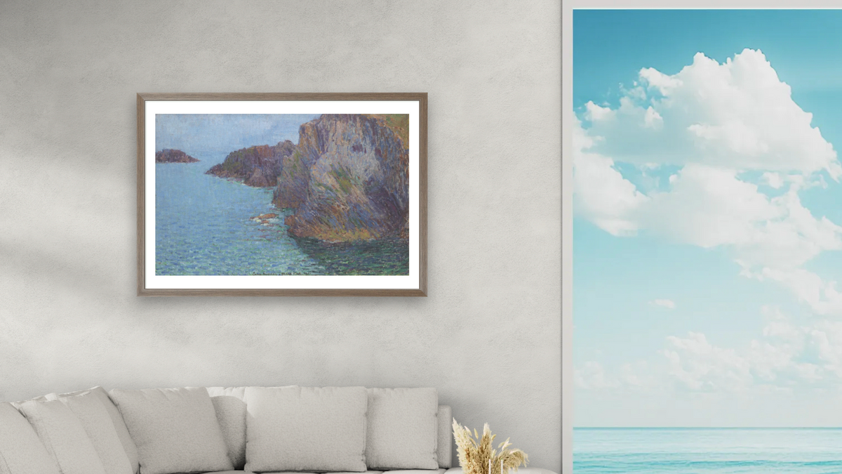 La Pointe de Morestil par mer calme (Calm Sea at Morestil Point) by John Peter Russell, shown at 28 × 42 in (71.1 × 106.7 cm) in Arber Light Walnut, living
