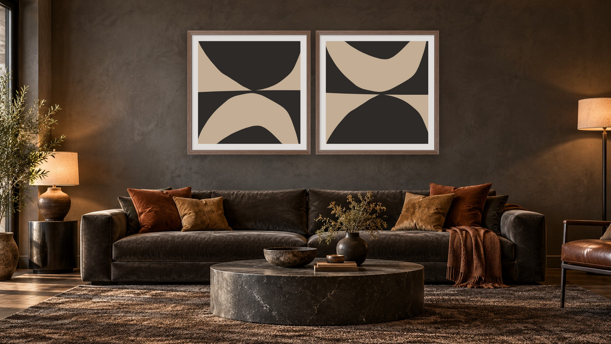 Diptych — State 1 × State 2, shown at 32 × 32 in (81.3 × 81.3 cm) in Arber Light Walnut, den
