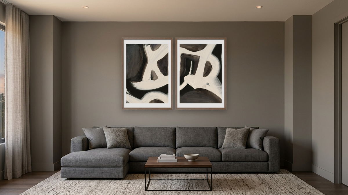 Diptych — Bones 1 × Bones 2, shown at 28 × 42 in (71.1 × 106.7 cm) in Arber Light Walnut, media room