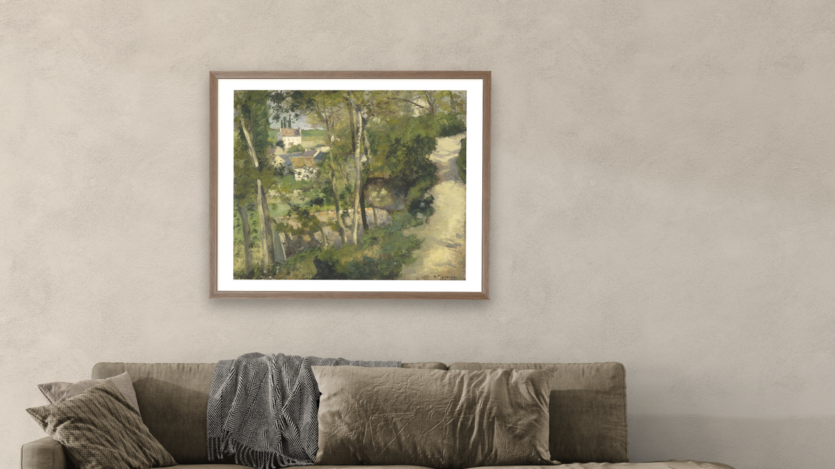 The Climb, Rue de la Cote-du-Jalet, Pontoise by Camille Pissarro, shown at 32 × 40 in (81.3 × 101.6 cm) in Arber Light Walnut, living