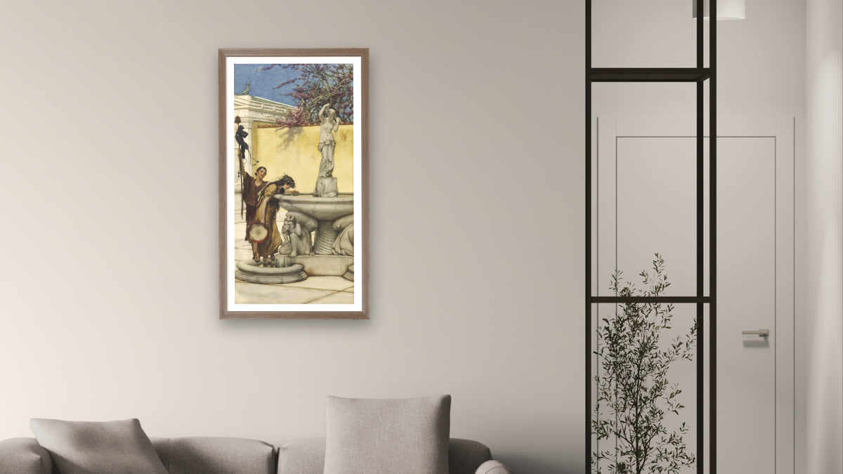 Twixt Venus and Bacchus by Sir Lawrence Alma-Tadema, shown at 20 × 40 in (50.8 × 101.6 cm) in Arber Light Walnut, living