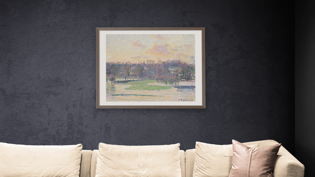 Flood at Sunset by Camille Pissarro, shown at 32 × 40 in (81.3 × 101.6 cm) in Arber Light Walnut, living