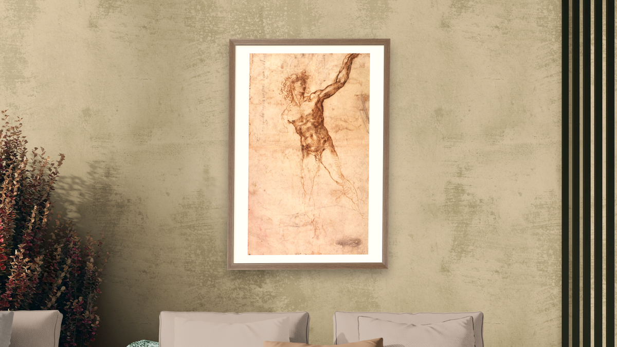 Sketch of a Nude Man (W. 4 recto) by Michelangelo Buonarroti, shown at 28 × 42 in (71.1 × 106.7 cm) in Arber Light Walnut, living