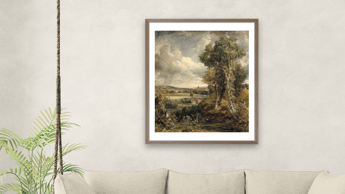 The Vale of Dedham by John Constable, shown at 32 × 40 in (81.3 × 101.6 cm) in Arber Light Walnut, living