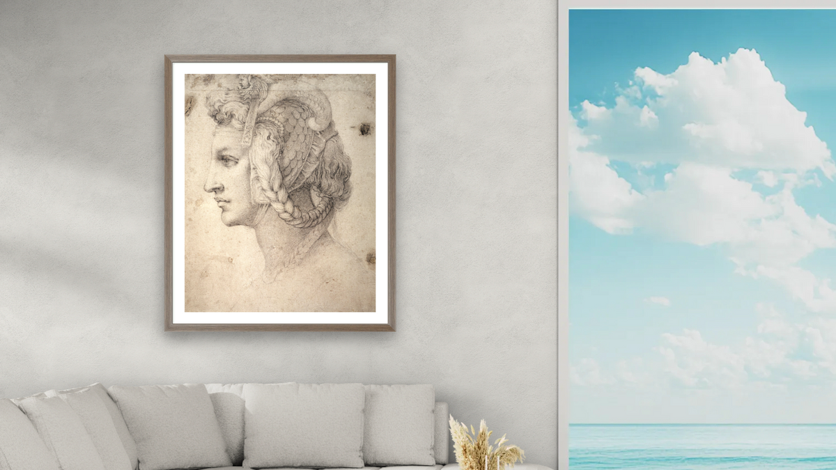Study of Head by Michelangelo Buonarroti, shown at 32 × 40 in (81.3 × 101.6 cm) in Arber Light Walnut, living