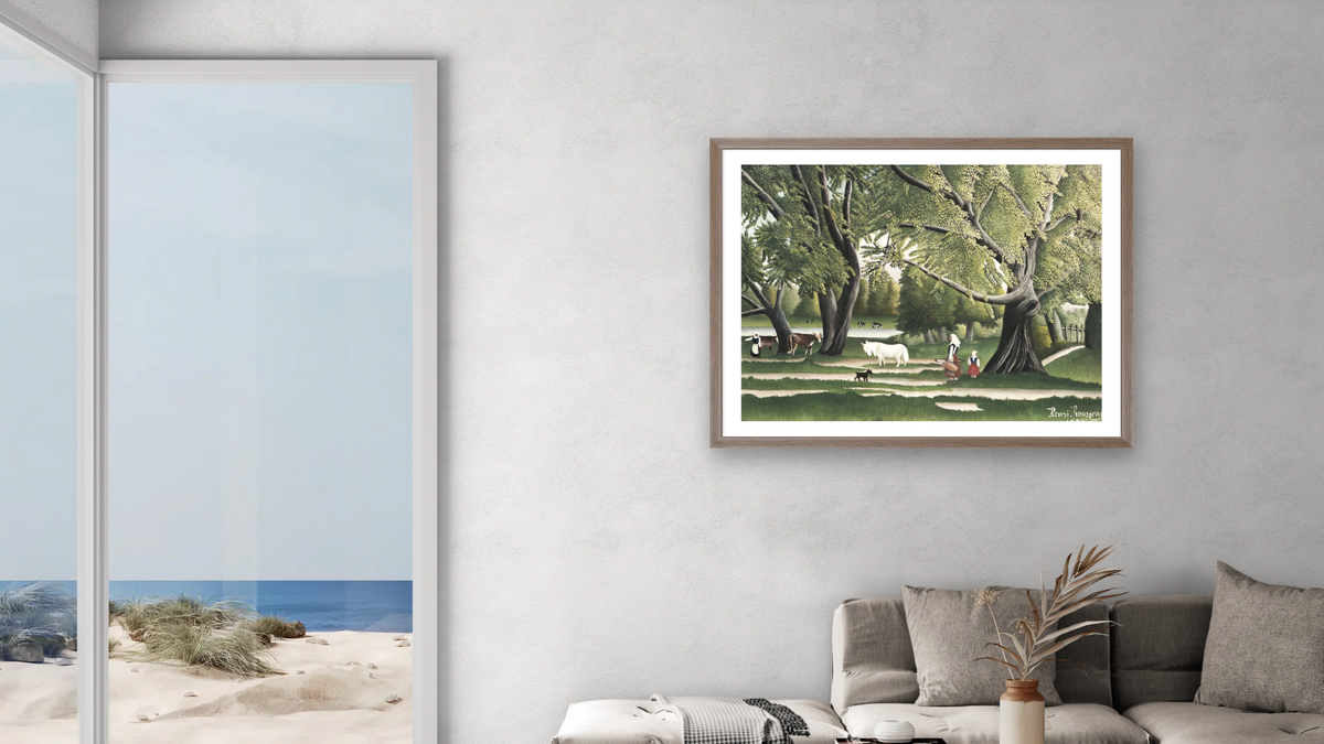 Summer by Henri Rousseau, shown at 30 × 40 in (76.2 × 101.6 cm) in Arber Light Walnut, living