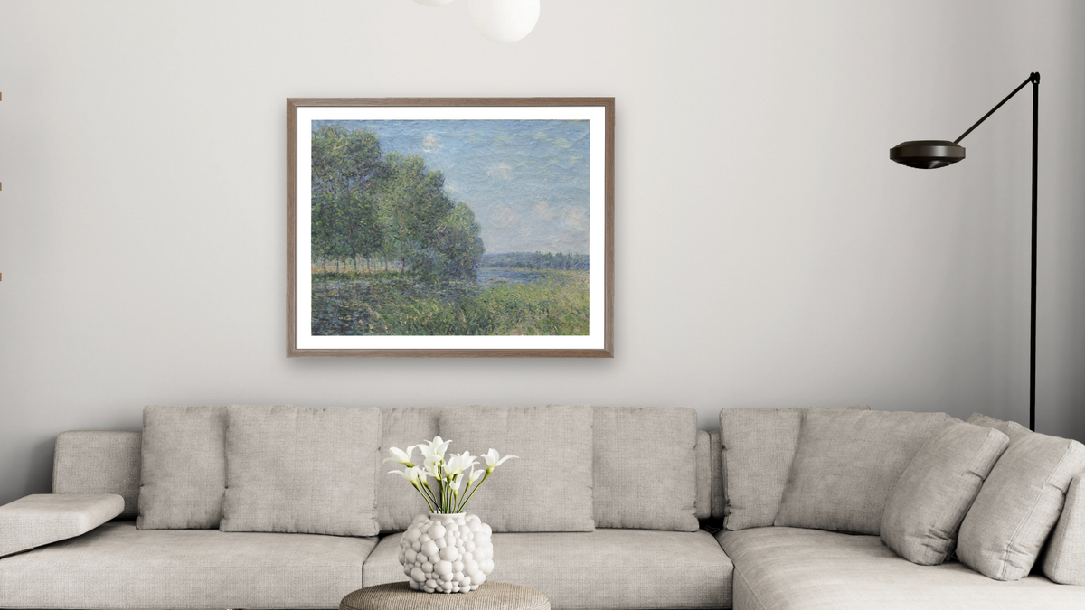 River View by Alfred Sisley, shown at 32 × 40 in (81.3 × 101.6 cm) in Arber Light Walnut, living