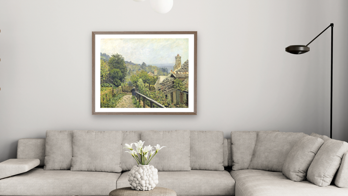 Louveciennes or, The Heights at Marly by Alfred Sisley, shown at 32 × 40 in (81.3 × 101.6 cm) in Arber Light Walnut, living