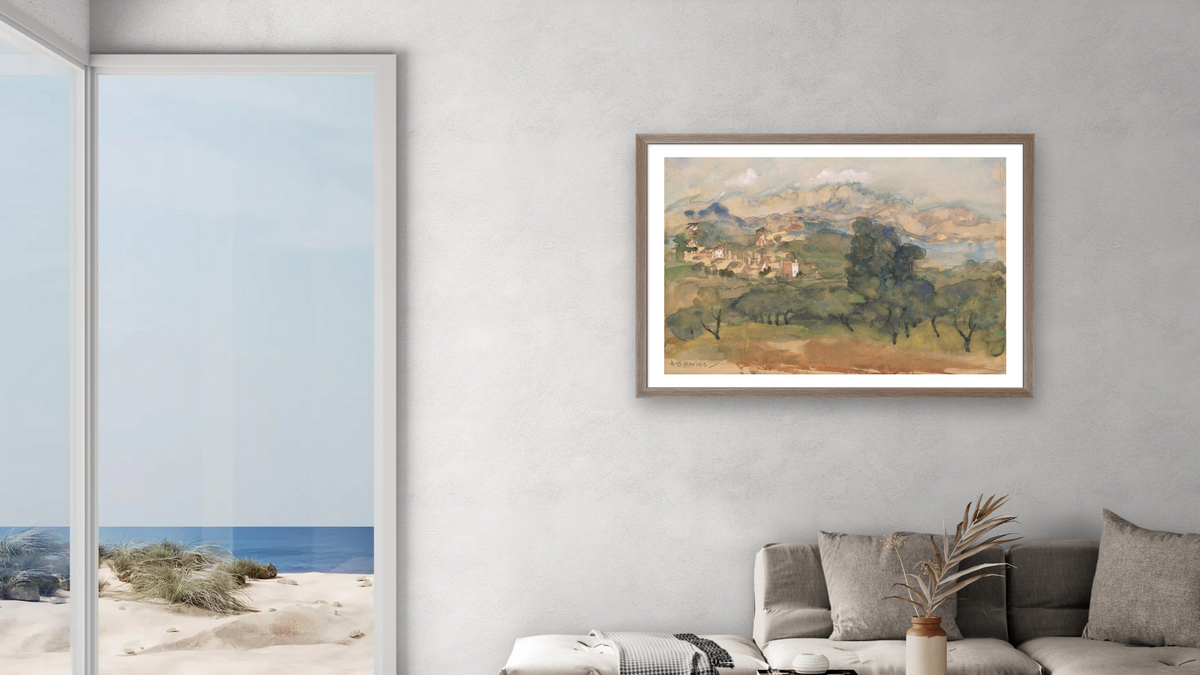 Olive Trees by Arthur Bowen Davies, shown at 28 × 42 in (71.1 × 106.7 cm) in Arber Light Walnut, living