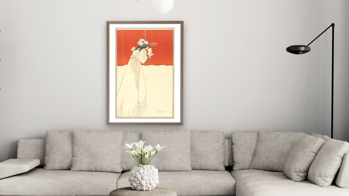 Isolde by Aubrey Vincent Beardsley, shown at 28 × 42 in (71.1 × 106.7 cm) in Arber Light Walnut, living