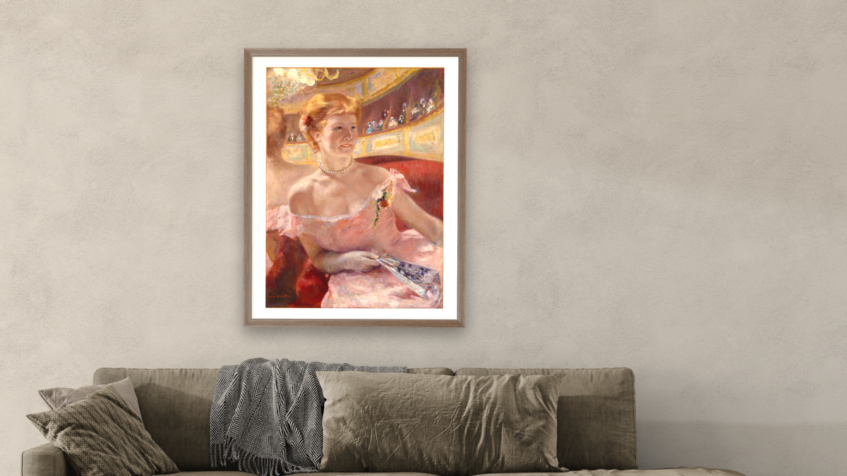 Woman with a Pearl Necklace in a Loge by Mary Cassatt, shown at 30 × 40 in (76.2 × 101.6 cm) in Arber Light Walnut, living