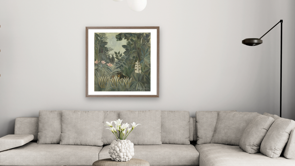 The Equatorial Jungle by Henri Rousseau, shown at 32 × 32 in (81.3 × 81.3 cm) in Arber Light Walnut, living