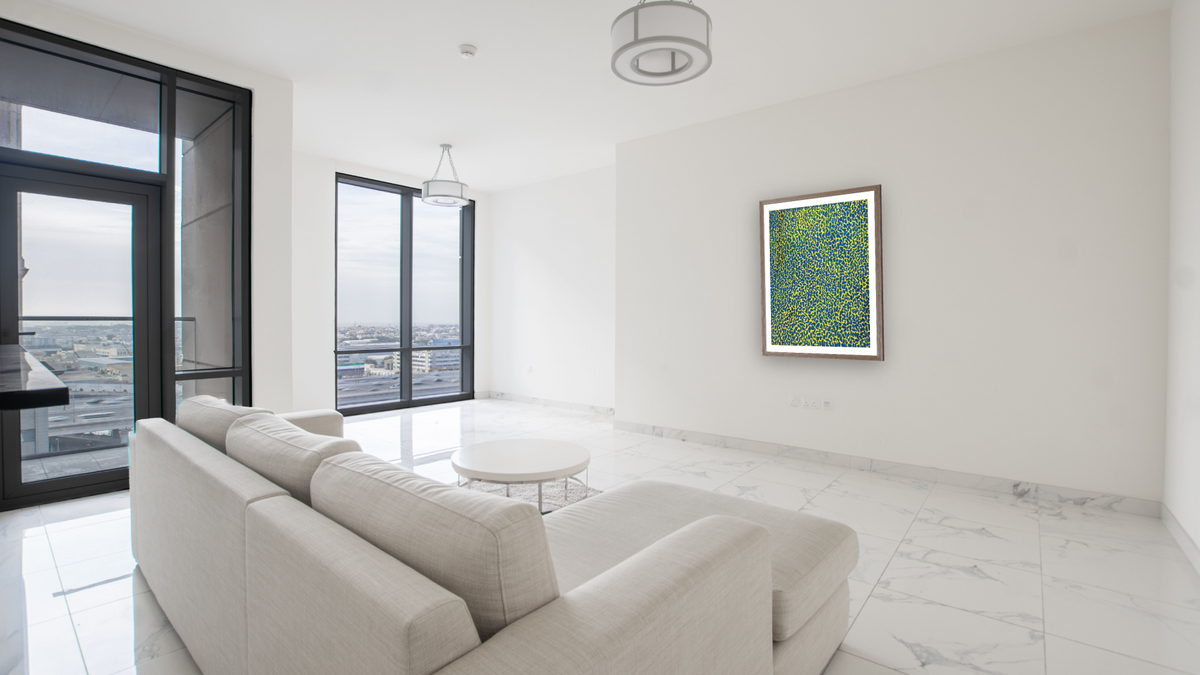 Aquatic Gardens by Alma Thomas, shown at 28 × 40 in (71.1 × 101.6 cm) in Arber Light Walnut, living