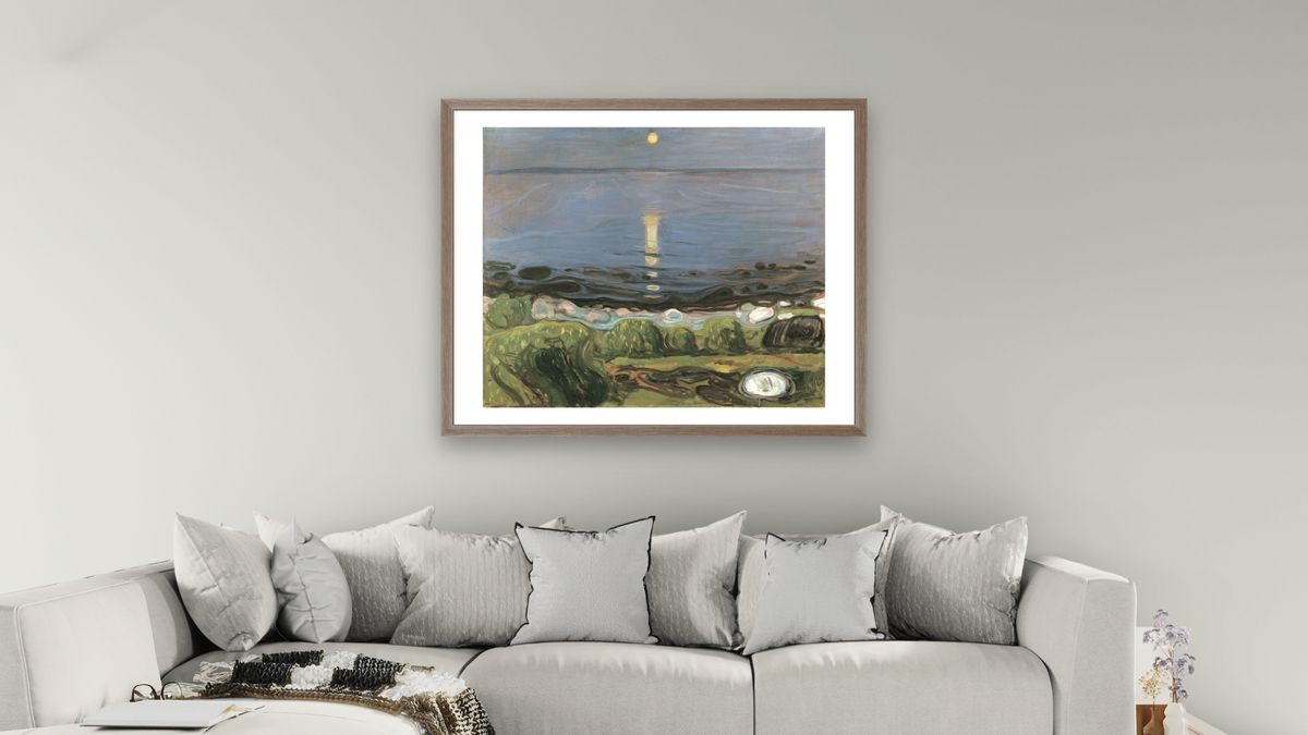 Summer Night by the Beach by Edvard Munch, shown at 32 × 40 in (81.3 × 101.6 cm) in Arber Light Walnut, living