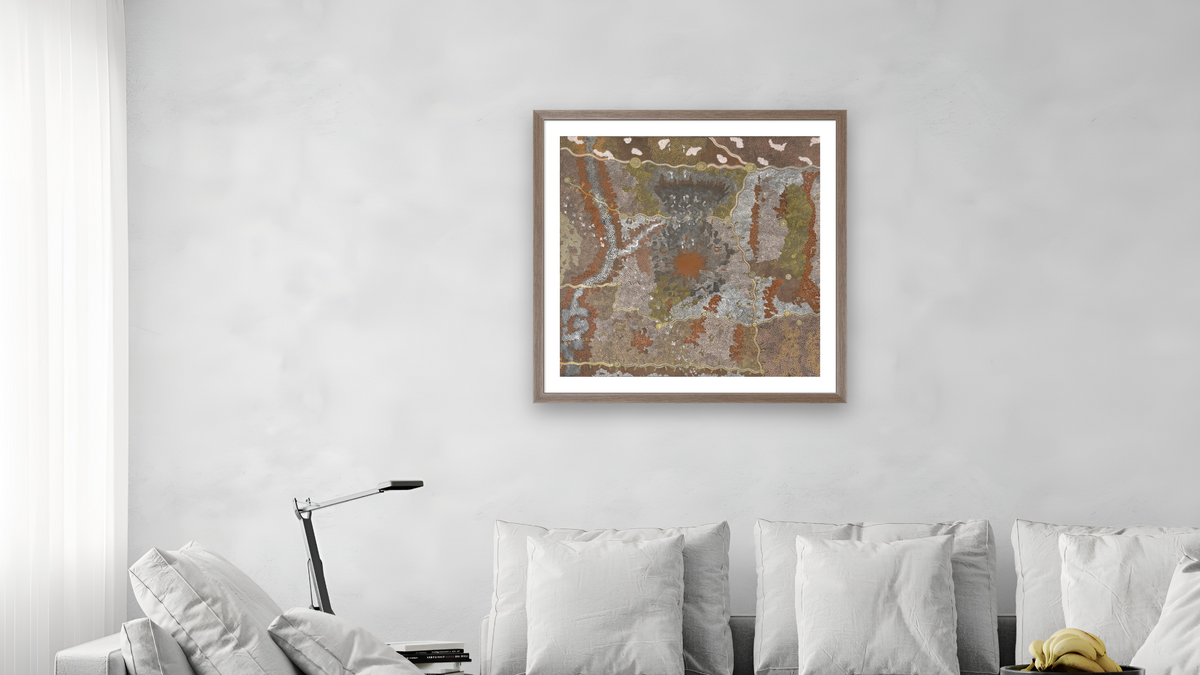 Warlugulong by Tim Leura Tjapaltjarri, shown at 32 × 32 in (81.3 × 81.3 cm) in Arber Light Walnut, living