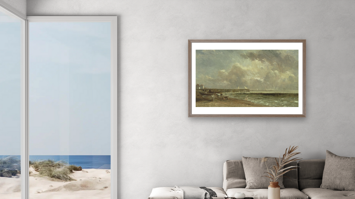 Yarmouth Pier by John Constable, shown at 28 × 42 in (71.1 × 106.7 cm) in Arber Light Walnut, living