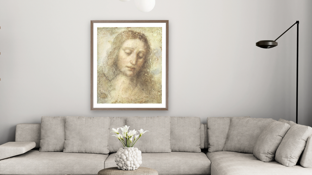 Head of Christ by Leonardo da Vinci, shown at 32 × 40 in (81.3 × 101.6 cm) in Arber Light Walnut, living