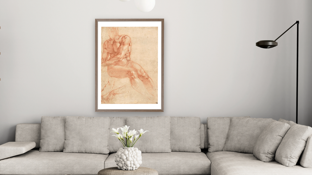 Seated Young Male Nude and Two Arm Studies (recto) by Michelangelo Buonarroti, shown at 28 × 42 in (71.1 × 106.7 cm) in Arber Light Walnut, living