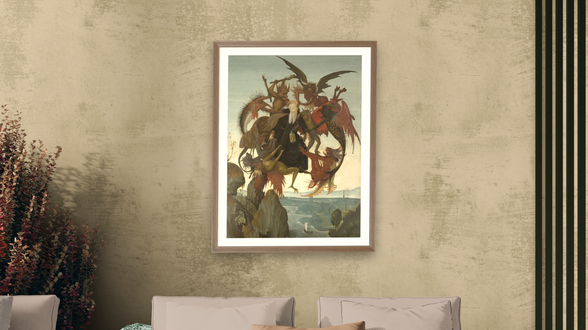 The Torment of Saint Anthony by Michelangelo Buonarroti, shown at 30 × 40 in (76.2 × 101.6 cm) in Arber Light Walnut, living