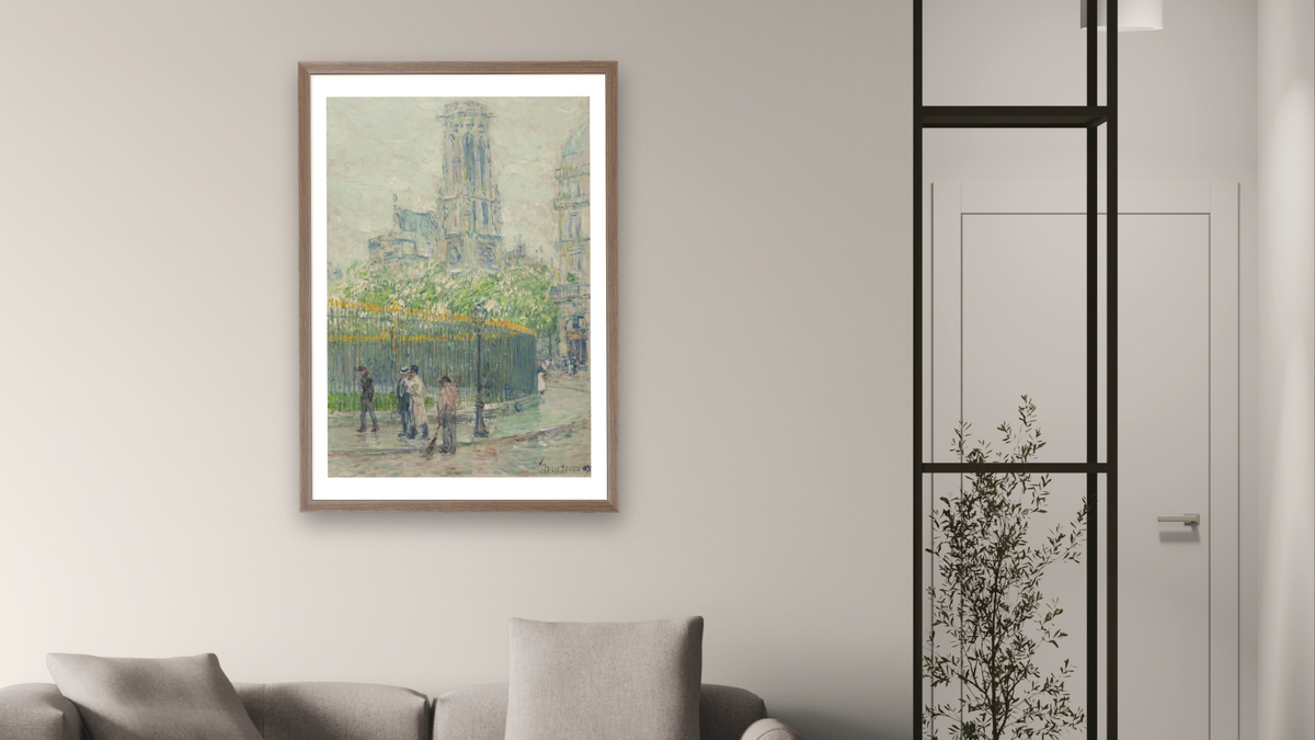 St. Germain l’Auxerrois by Childe Hassam, shown at 28 × 42 in (71.1 × 106.7 cm) in Arber Light Walnut, living