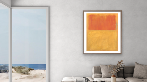 Orange and Tan by Mark Rothko, shown at 32 × 40 in (81.3 × 101.6 cm) in Arber Light Walnut, living [arteriel-render:v6:room_b:32x40@70,39]