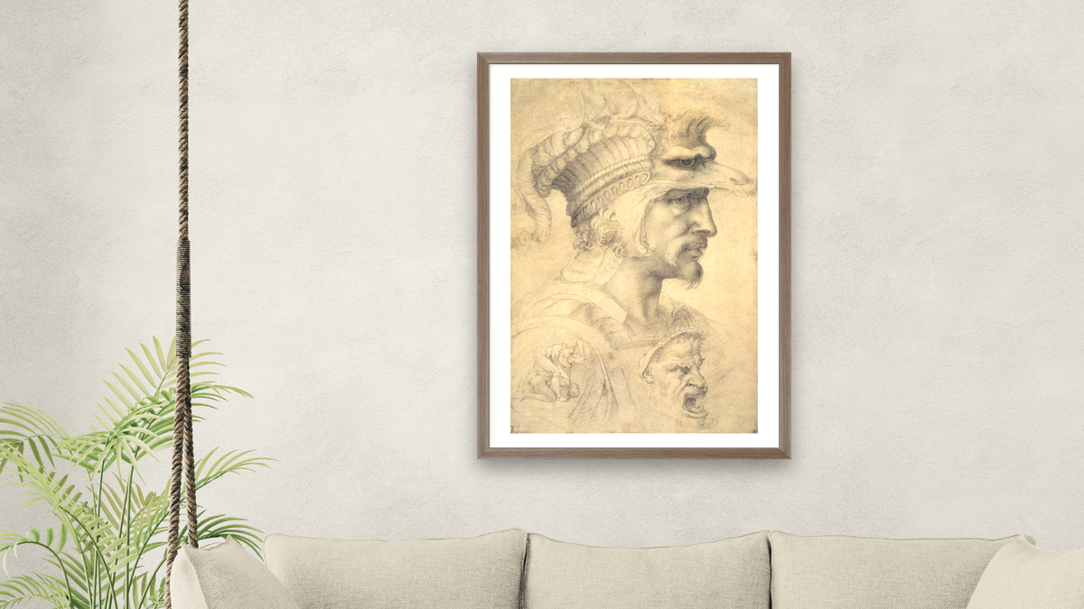 Ideal head of a warrior by Michelangelo Buonarroti, shown at 28 × 42 in (71.1 × 106.7 cm) in Arber Light Walnut, living