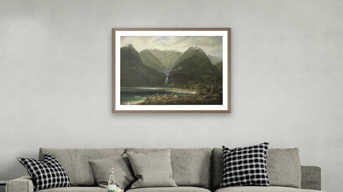 In Milford Sound, West Coast, New Zealand, shown at 32 × 40 in (81.3 × 101.6 cm) in Arber Light Walnut, living