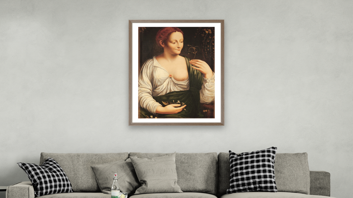 Columbine by Leonardo da Vinci, shown at 30 × 40 in (76.2 × 101.6 cm) in Arber Light Walnut, living