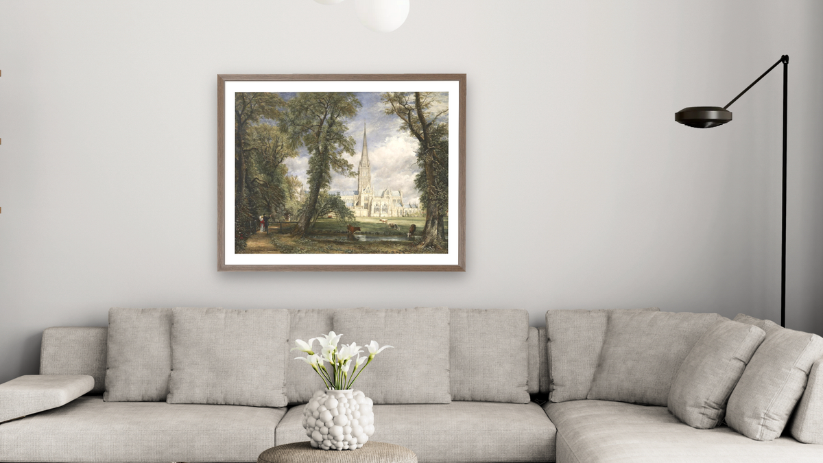 Salisbury Cathedral from the Bishop's Garden by John Constable, shown at 32 × 40 in (81.3 × 101.6 cm) in Arber Light Walnut, living