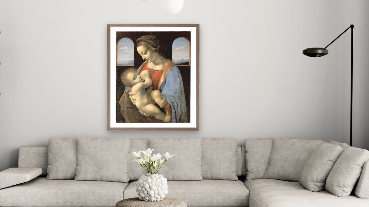 The Madonna Litta by Leonardo da Vinci, shown at 32 × 40 in (81.3 × 101.6 cm) in Arber Light Walnut, living