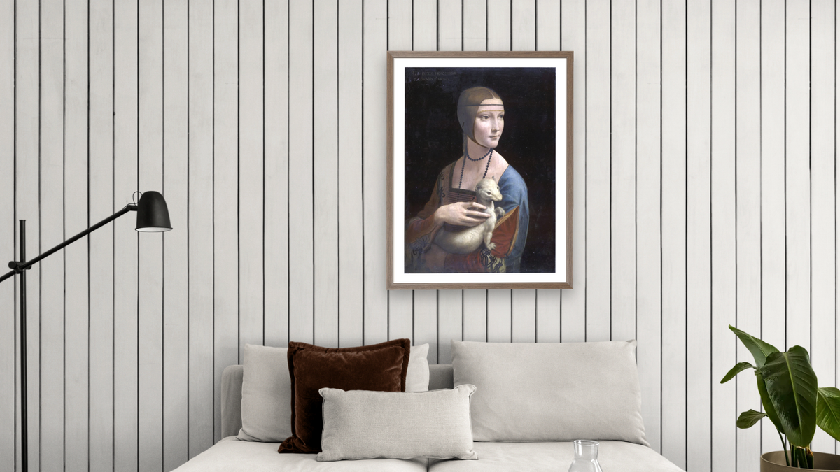 Portrait of Cecilia Gallerani (Lady with the Ermine) by Leonardo da Vinci, shown at 30 × 40 in (76.2 × 101.6 cm) in Arber Light Walnut, living