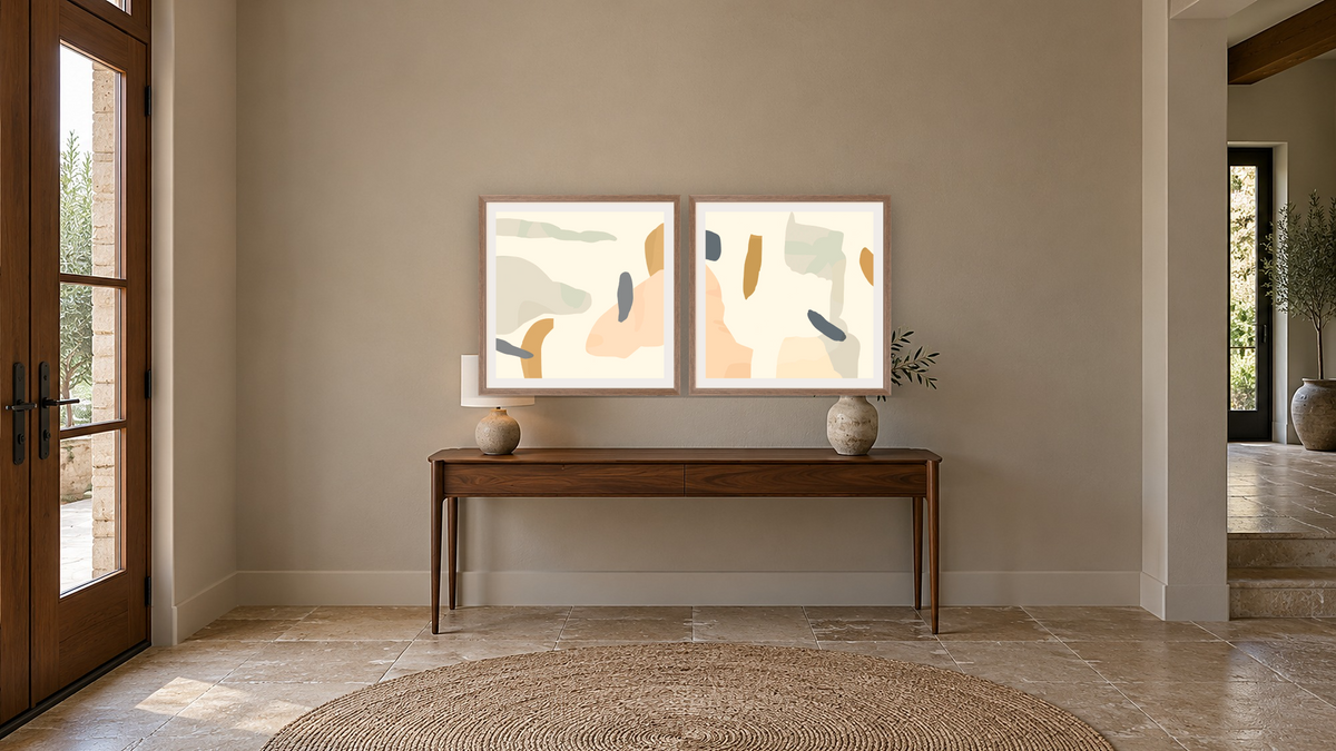 Diptych — Mez Set 1 × Mez Set 2, shown at 32 × 32 in (81.3 × 81.3 cm) in Arber Light Walnut, hallway