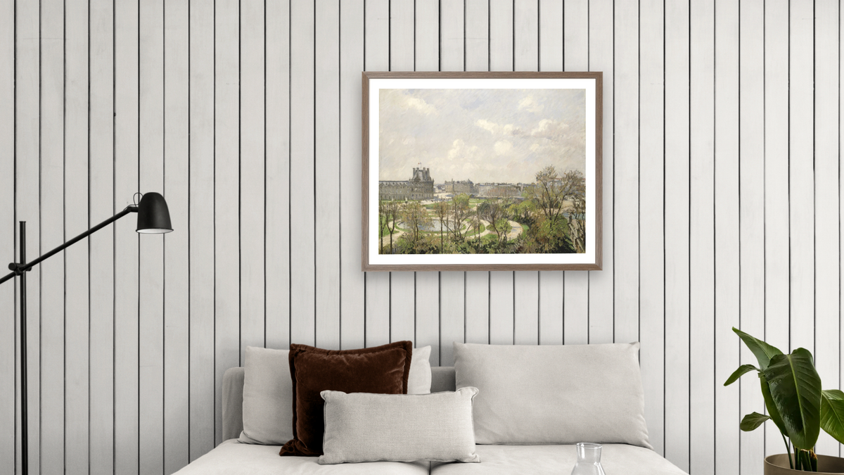 Jardin des Tuileries, Spring Morning by Camille Pissarro, shown at 32 × 40 in (81.3 × 101.6 cm) in Arber Light Walnut, living