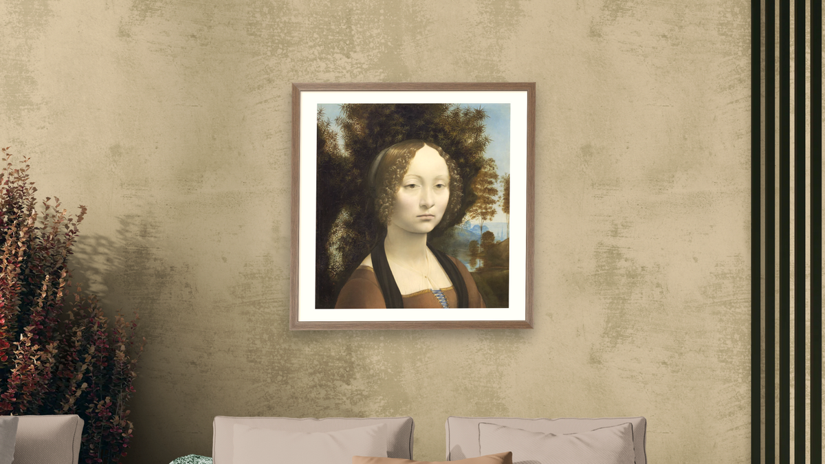 Ginevra de' Benci [obverse] by Leonardo da Vinci, shown at 32 × 32 in (81.3 × 81.3 cm) in Arber Light Walnut, living