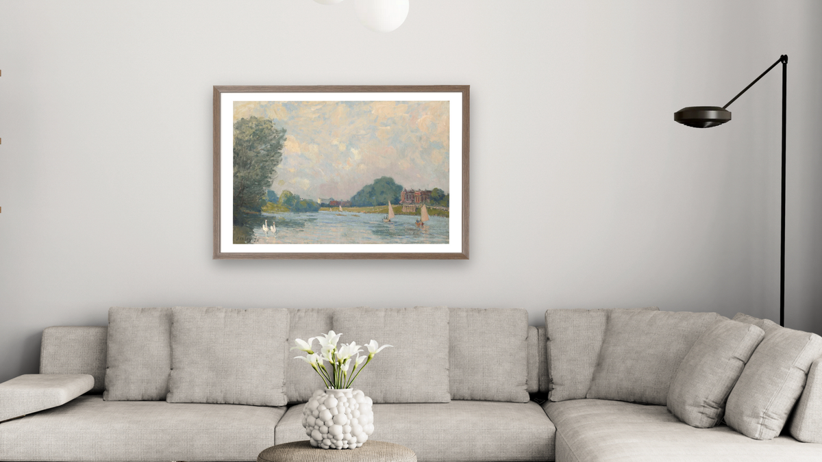 The Thames at Hampton Court, 1874 by Alfred Sisley, shown at 28 × 42 in (71.1 × 106.7 cm) in Arber Light Walnut, living
