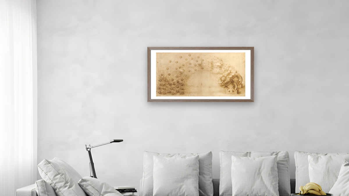 Sketch of a mortar for fragmentation bombs by Leonardo da Vinci, shown at 20 × 40 in (50.8 × 101.6 cm) in Arber Light Walnut, living