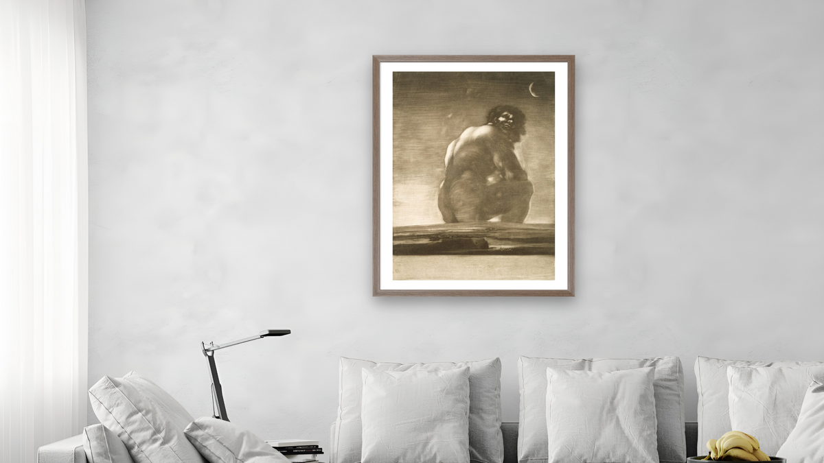 Seated Giant by Francisco de Goya, shown at 30 × 40 in (76.2 × 101.6 cm) in Arber Light Walnut, living