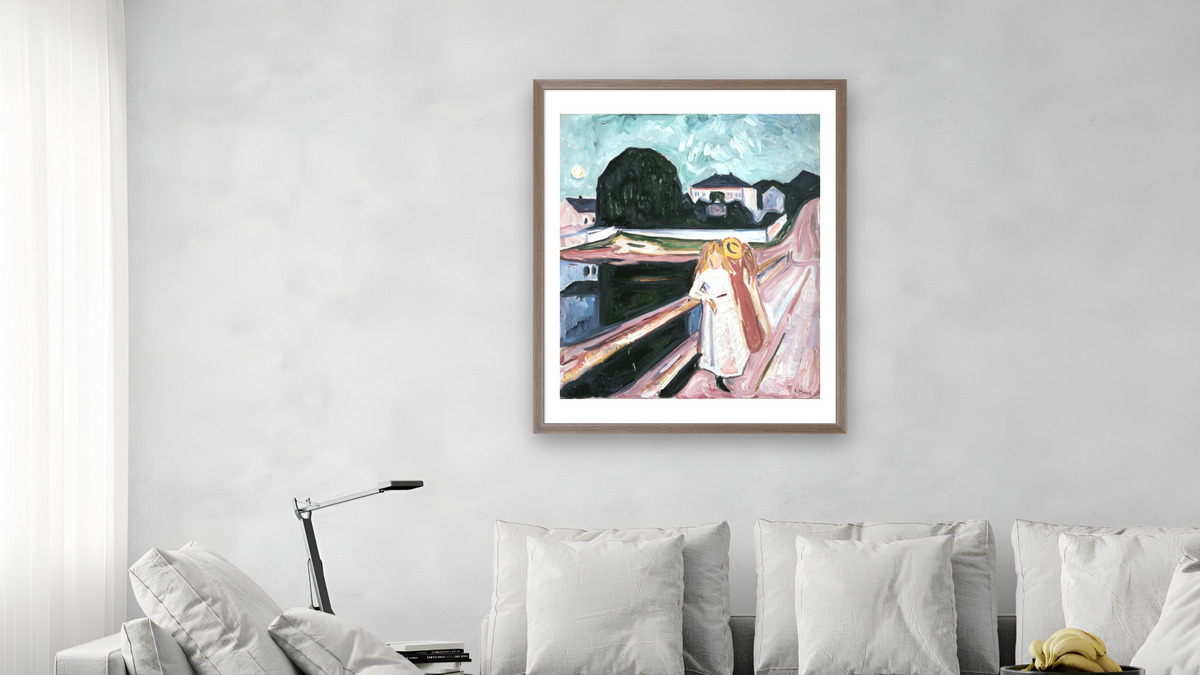 Girls on the Pier by Edvard Munch, shown at 32 × 40 in (81.3 × 101.6 cm) in Arber Light Walnut, living