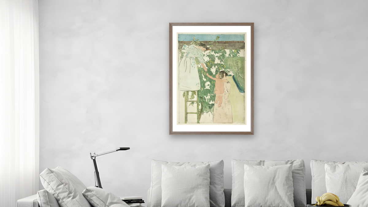 Gathering Fruit by Mary Cassatt, shown at 28 × 42 in (71.1 × 106.7 cm) in Arber Light Walnut, living