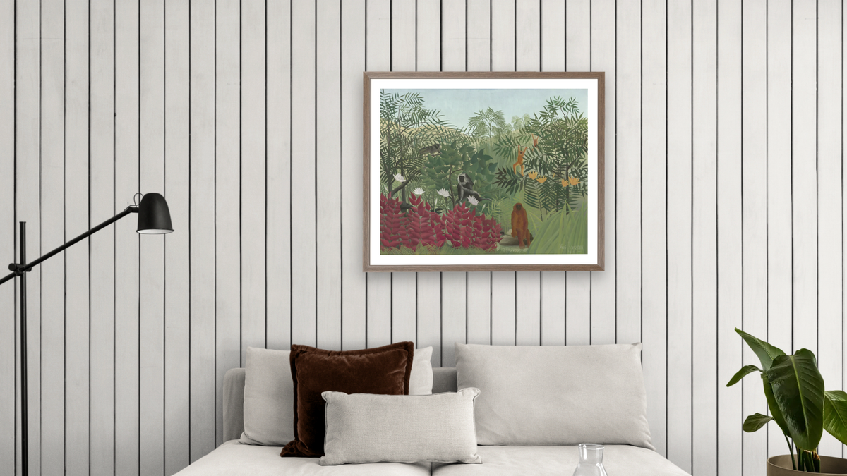 Tropical Forest with Monkeys by Henri Rousseau, shown at 32 × 40 in (81.3 × 101.6 cm) in Arber Light Walnut, living