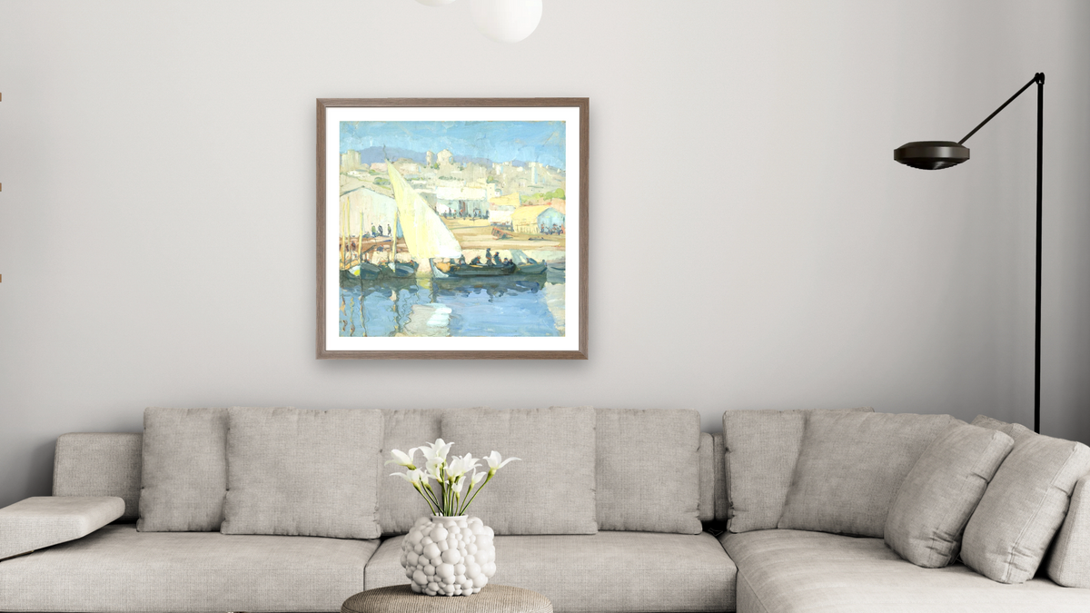 Harbor Scene by Jane Peterson, shown at 32 × 32 in (81.3 × 81.3 cm) in Arber Light Walnut, living