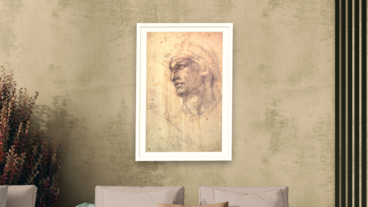 Study of a Head by Michelangelo Buonarroti, shown at 28 × 42 in (71.1 × 106.7 cm) in Arber Light Walnut, living
