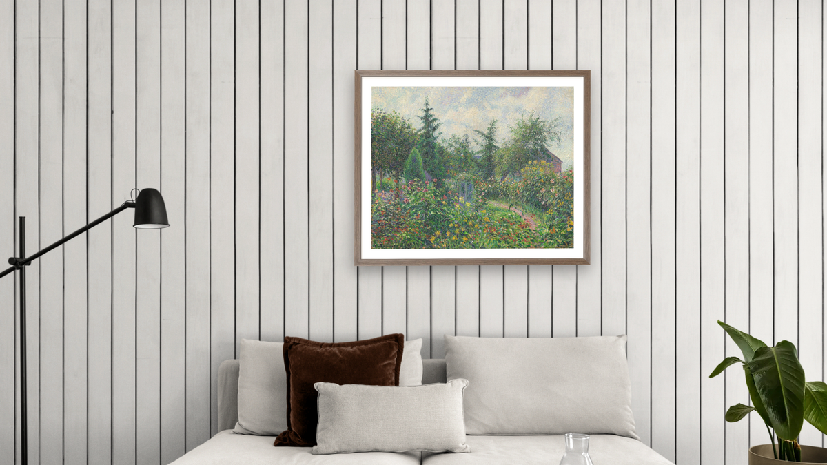 Garden and Henhouse at Octave Mirbeau's, Les Damps by Camille Pissarro, shown at 32 × 40 in (81.3 × 101.6 cm) in Arber Light Walnut, living