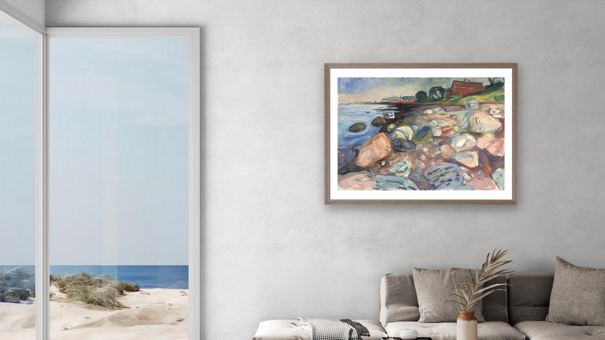 Shore with Red House by Edvard Munch, shown at 30 × 40 in (76.2 × 101.6 cm) in Arber Light Walnut, living