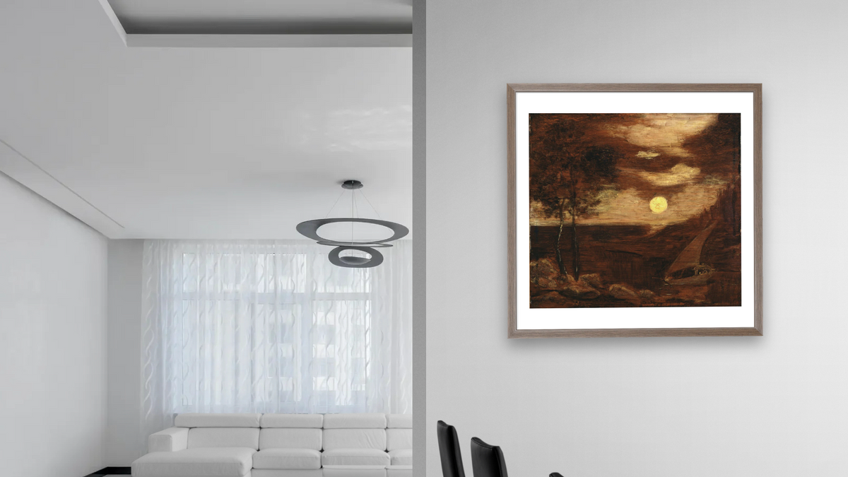 The Lovers' Boat by Albert Pinkham Ryder, shown at 32 × 32 in (81.3 × 81.3 cm) in Arber Light Walnut, dining